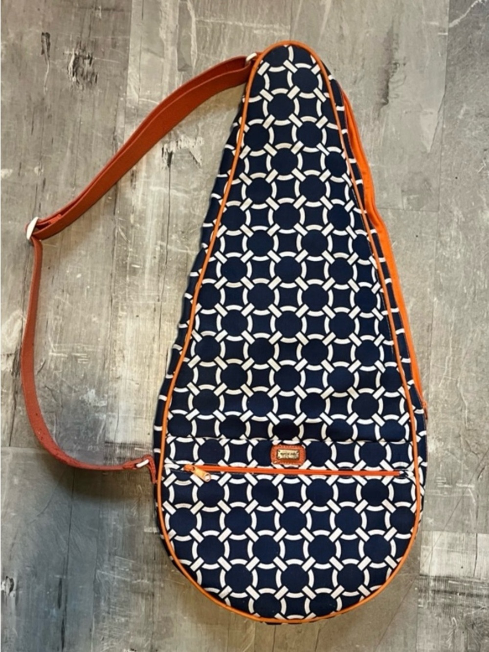 AME & Lulu Navy Geometric tennis Sling Bag with Orange Trim
